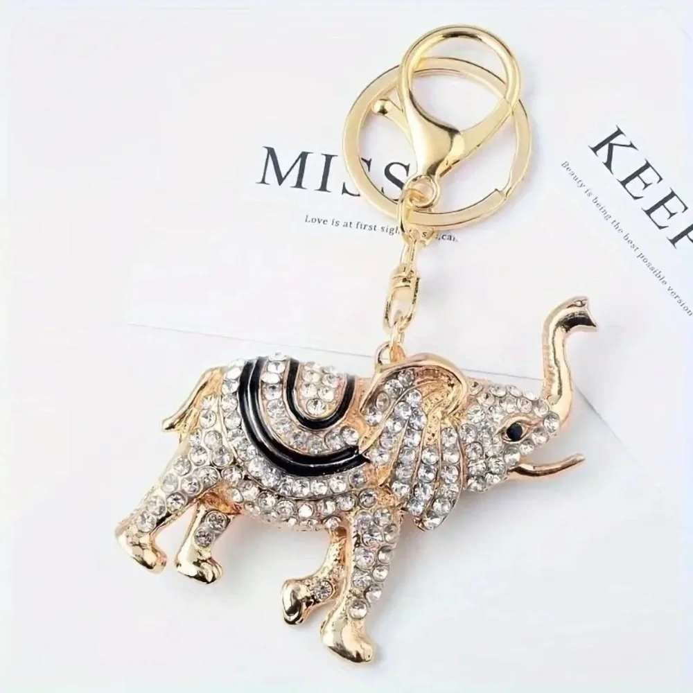 Elegant Elephant Bag Charm/Key Chain Golden Tone Crystal